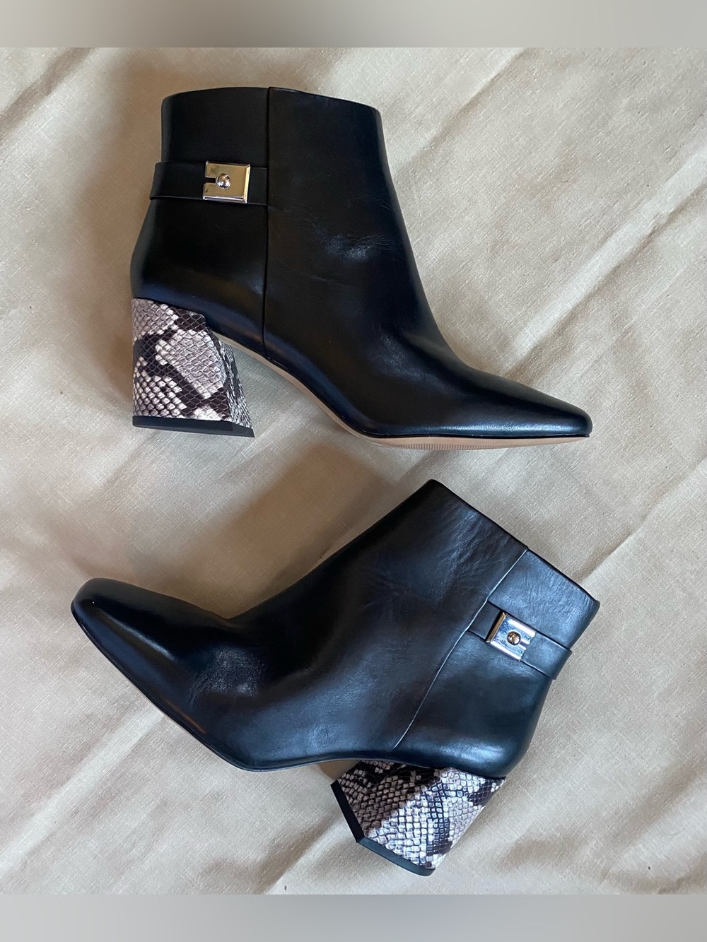 Vince Camuto Black Leather Ankle Boots with Snake-Print Block Heel